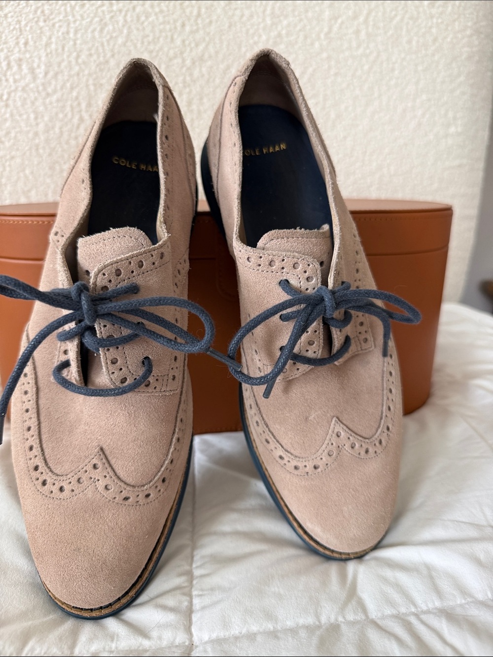 Cole Haan Tan Suede Wingtip Oxfords with Navy Laces